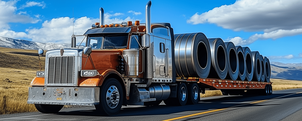 a truck carrying rolls of steel